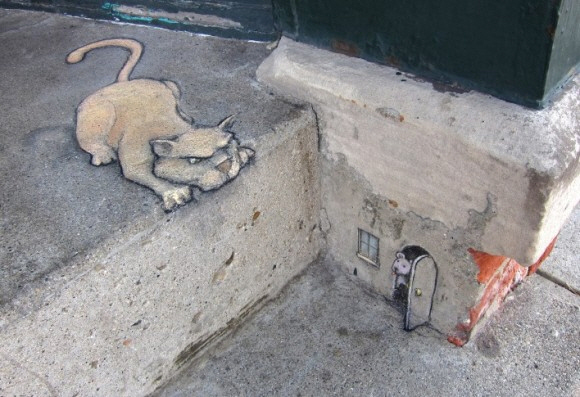 cat and mouse chalk art