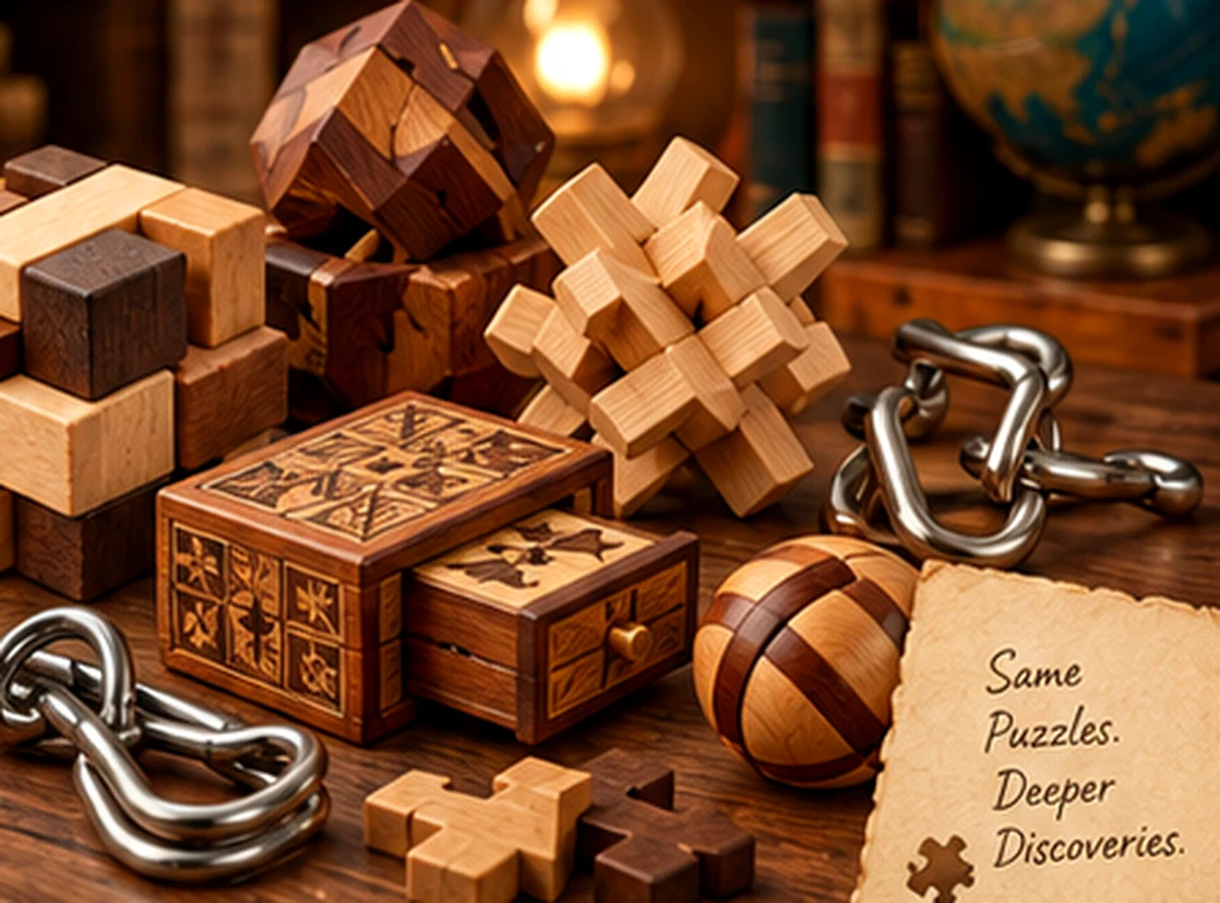 Wooden interlocking brain teasers, engraved puzzle boxes and metal disentanglement puzzles arranged on a desk